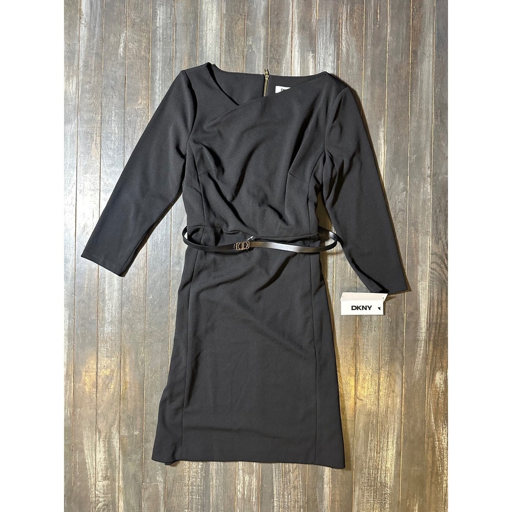 DKNY Womens Black Asymmetrical Neck Belted Scuba Crepe Sheath Dress